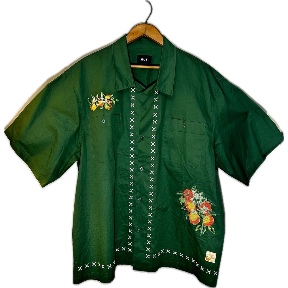 HUF Mens XXL Midnight Organic Pomona Work Shirt Forest Green Short Sleeve
